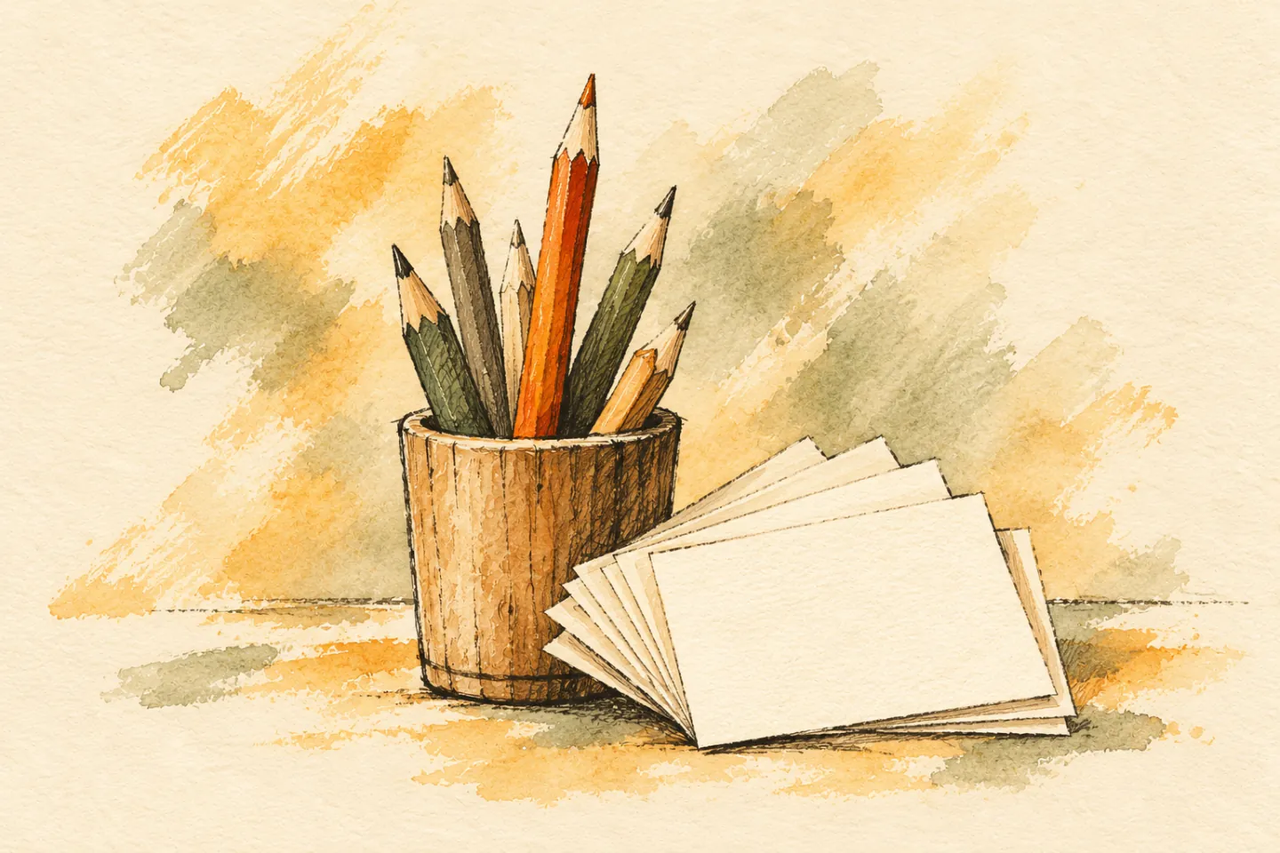 Different pencils gathered in a wooden cup beside blank note cards.