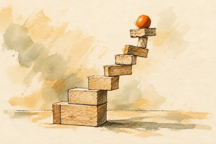 Ink and watercolour illustration of a precarious wooden staircase with an orange ball balanced on top.