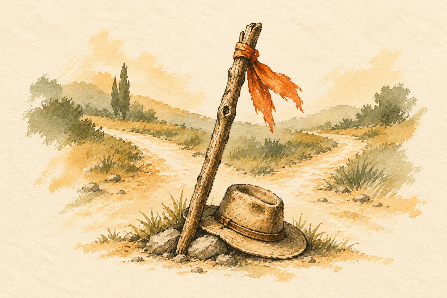 A wooden walking staff and travel hat beside a forked path.