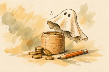 A paper ghost lifts away from a simple coin jar.