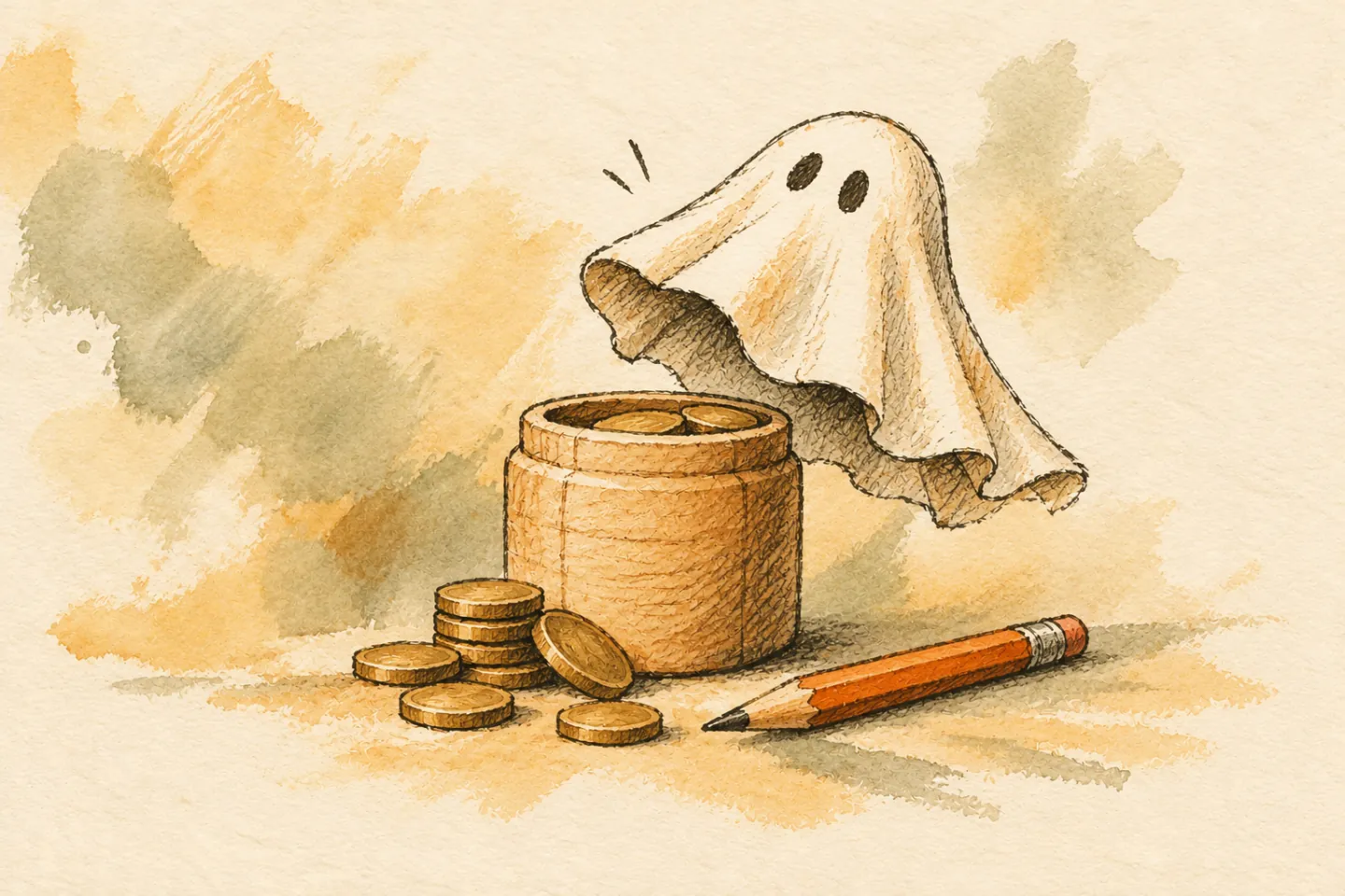 A paper ghost lifts away from a simple coin jar.