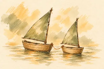 Two small wooden sailboats travel together, joined by a loose orange cord.