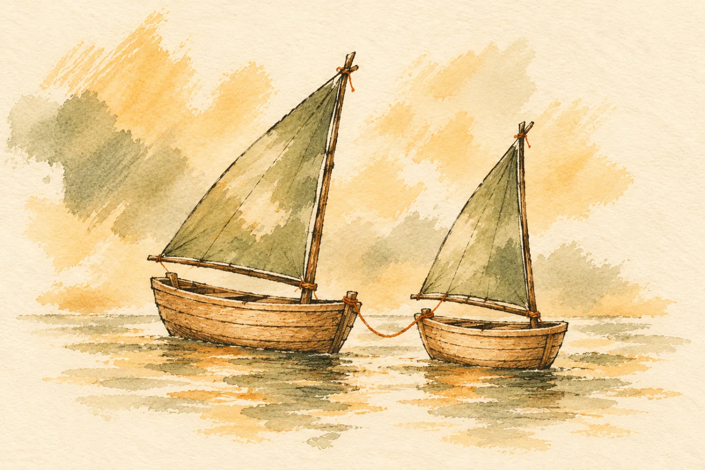 Two small wooden sailboats travel together, joined by a loose orange cord.