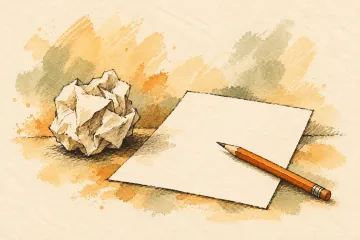 Crumpled paper beside a fresh sheet and an orange pencil.
