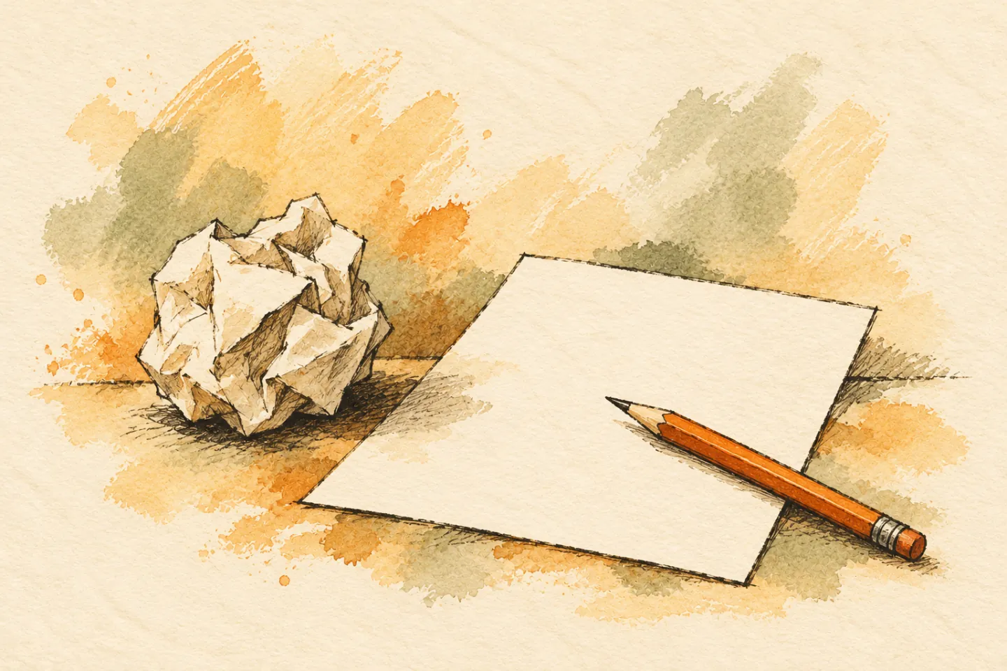 Crumpled paper beside a fresh sheet and an orange pencil.