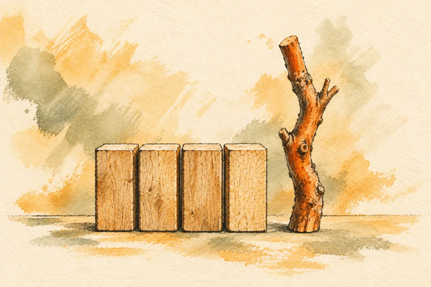 An irregular orange branch stands freely beside matching square wooden pegs.