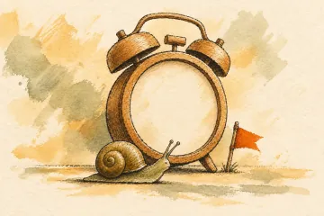 A warning flag beside a blank alarm clock and a calm snail.