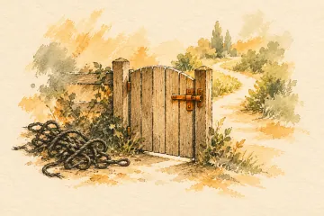 A closed wooden gate keeps a tangled cord outside a clear path.