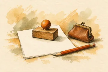 A paperweight holds an invoice beside an empty coin purse.