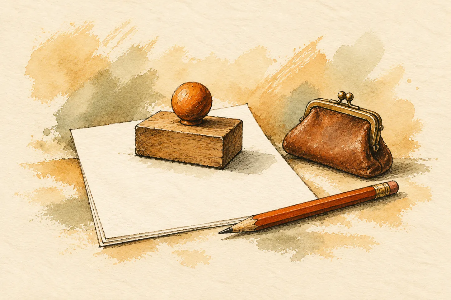 A paperweight holds an invoice beside an empty coin purse.