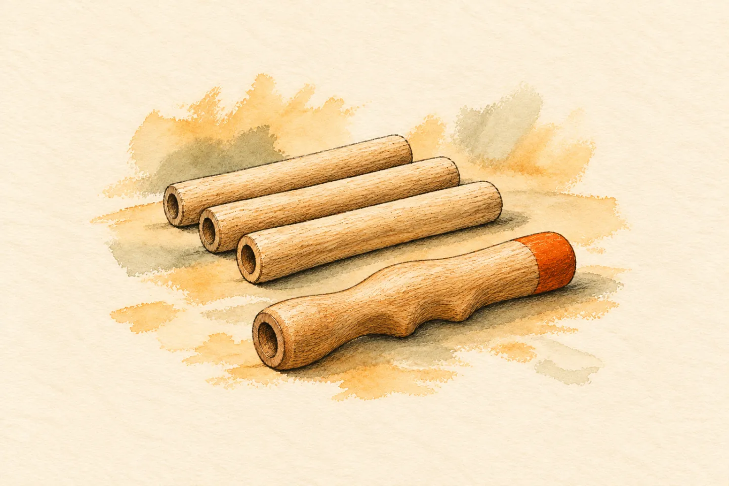 Ink and watercolour illustration of three plain wooden handles beside a contoured handle with an orange tip.
