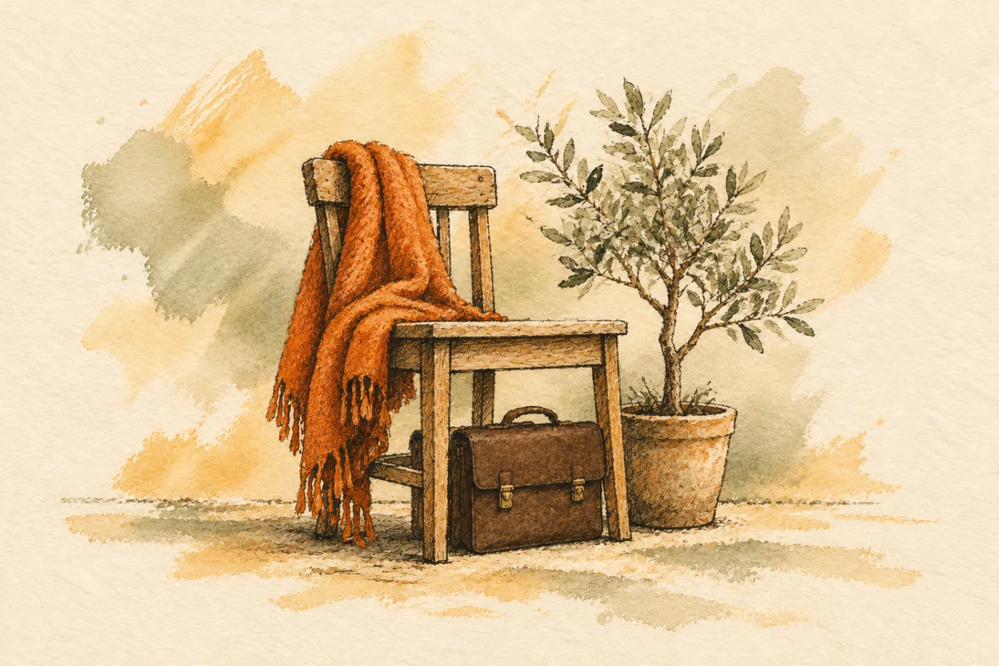 A blanket and sapling beside a chair with a briefcase tucked underneath.