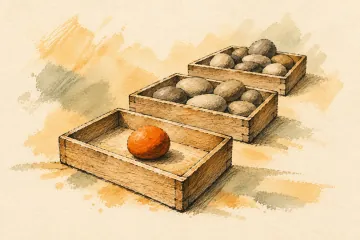 One orange stone takes priority in a wooden tray ahead of other pebbles.