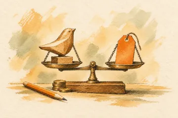 A crafted wooden object balances against an orange price tag.
