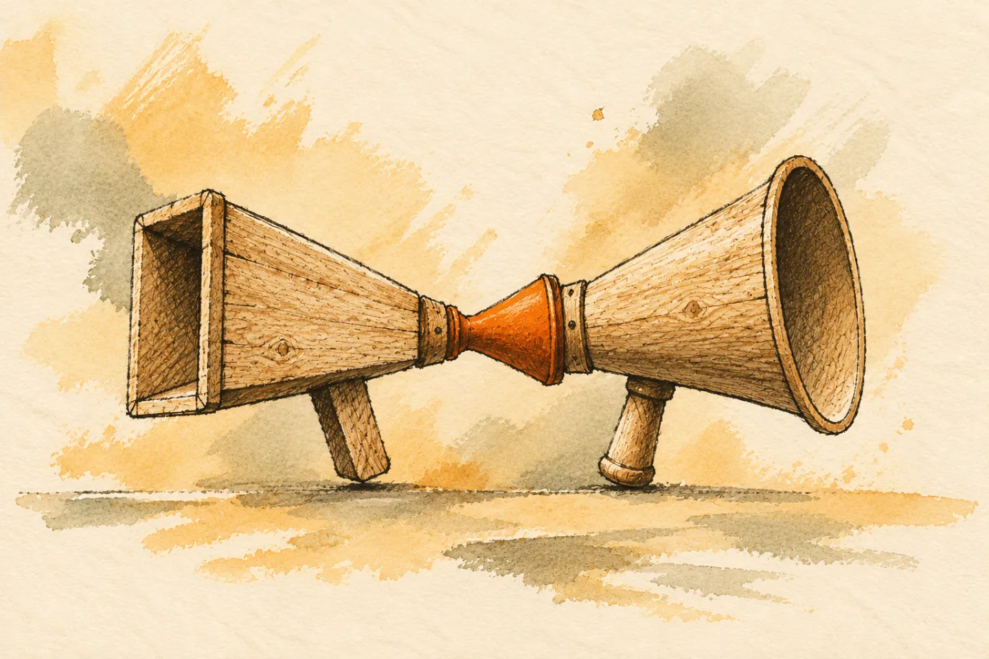 Two wooden speaking trumpets connected by an orange adapter.