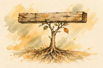 A rooted sapling supports a wooden beam, with one orange leaf.