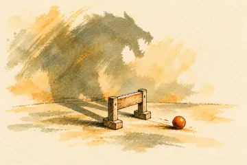 A tiny wooden hurdle casts a large shadow as an orange marble rolls past.