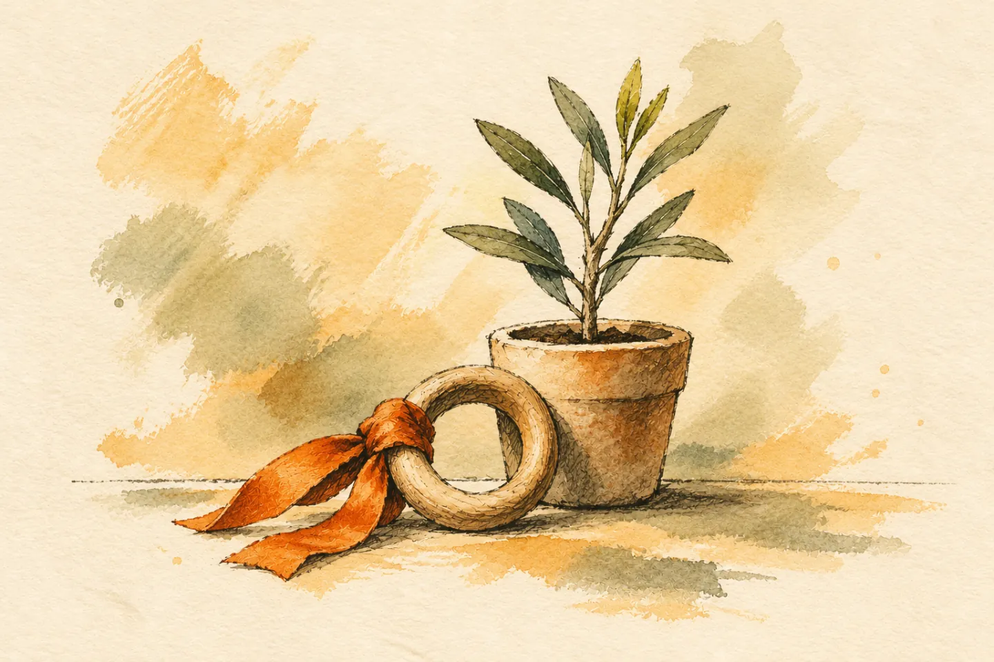 An orange ribbon tied around a wooden ring beside a young shoot.