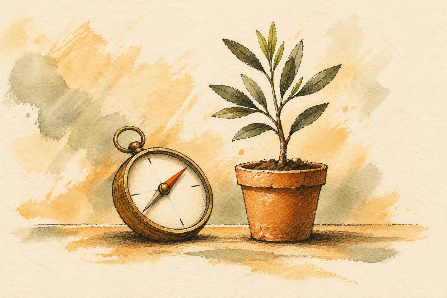 An orange compass needle points toward a young olive sapling.