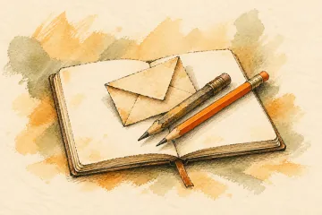 Old and new pencils beside a folded letter in an open notebook.
