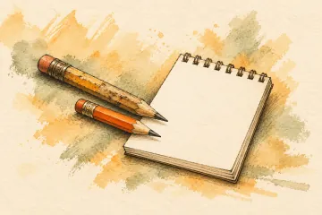 Two pencils of different ages point toward the same blank notebook.