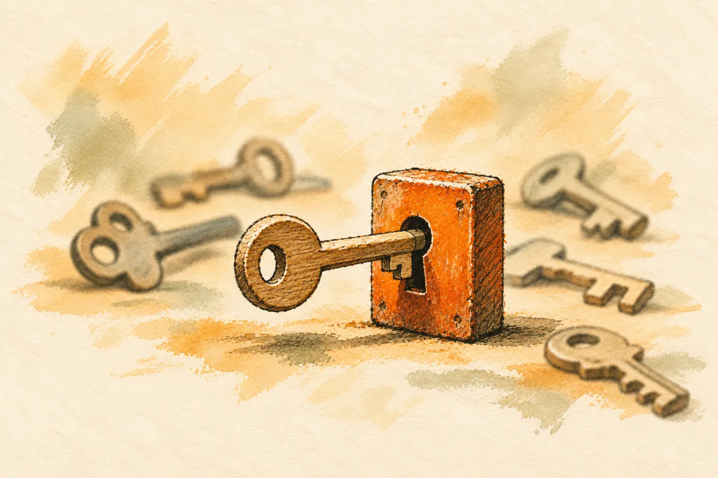 One wooden key fits an orange lock while other keys lie aside.