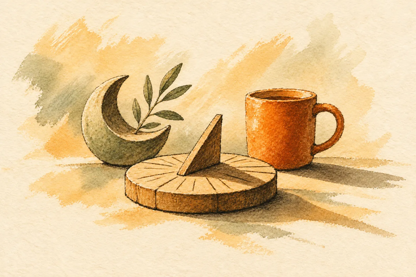 A sundial and orange mug beside a crescent-shaped ornament.
