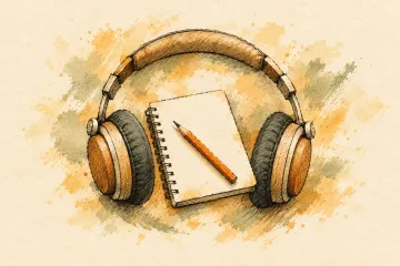 Headphones surround a pencil and notebook, shielding them from scattered lines.