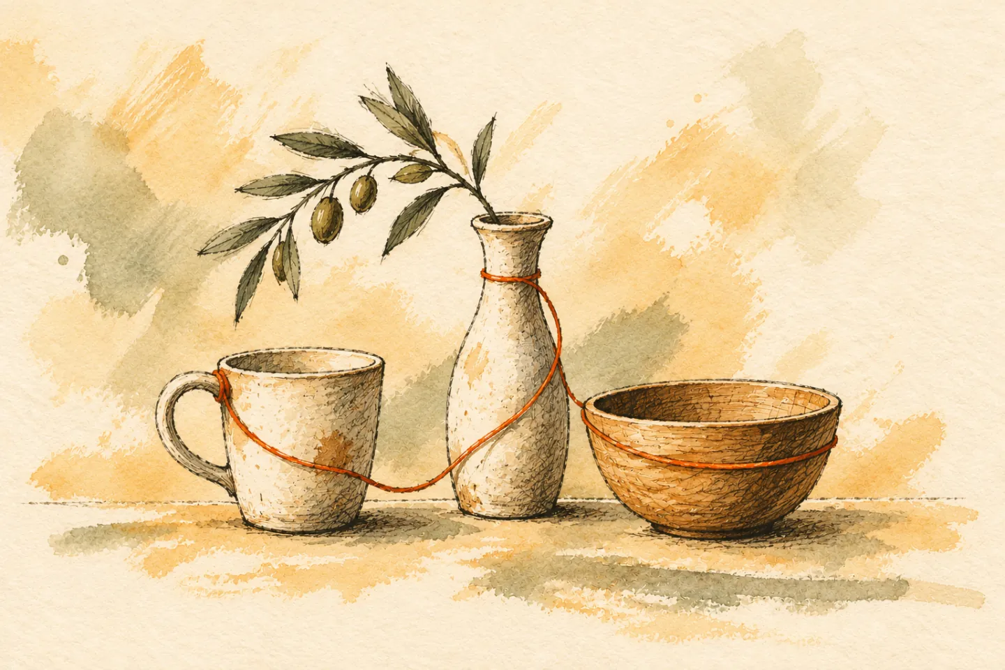 An orange thread connects a cup, a vase and a wooden bowl.