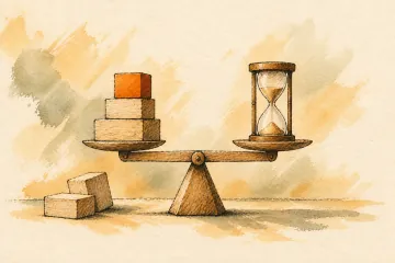 A balanced wooden scale weighs task blocks against an hourglass.