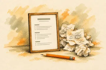 A neatly framed résumé sheet beside an orange pencil and discarded papers.