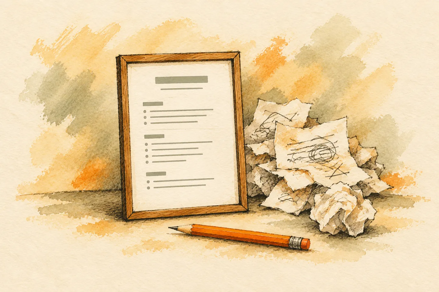 A neatly framed résumé sheet beside an orange pencil and discarded papers.