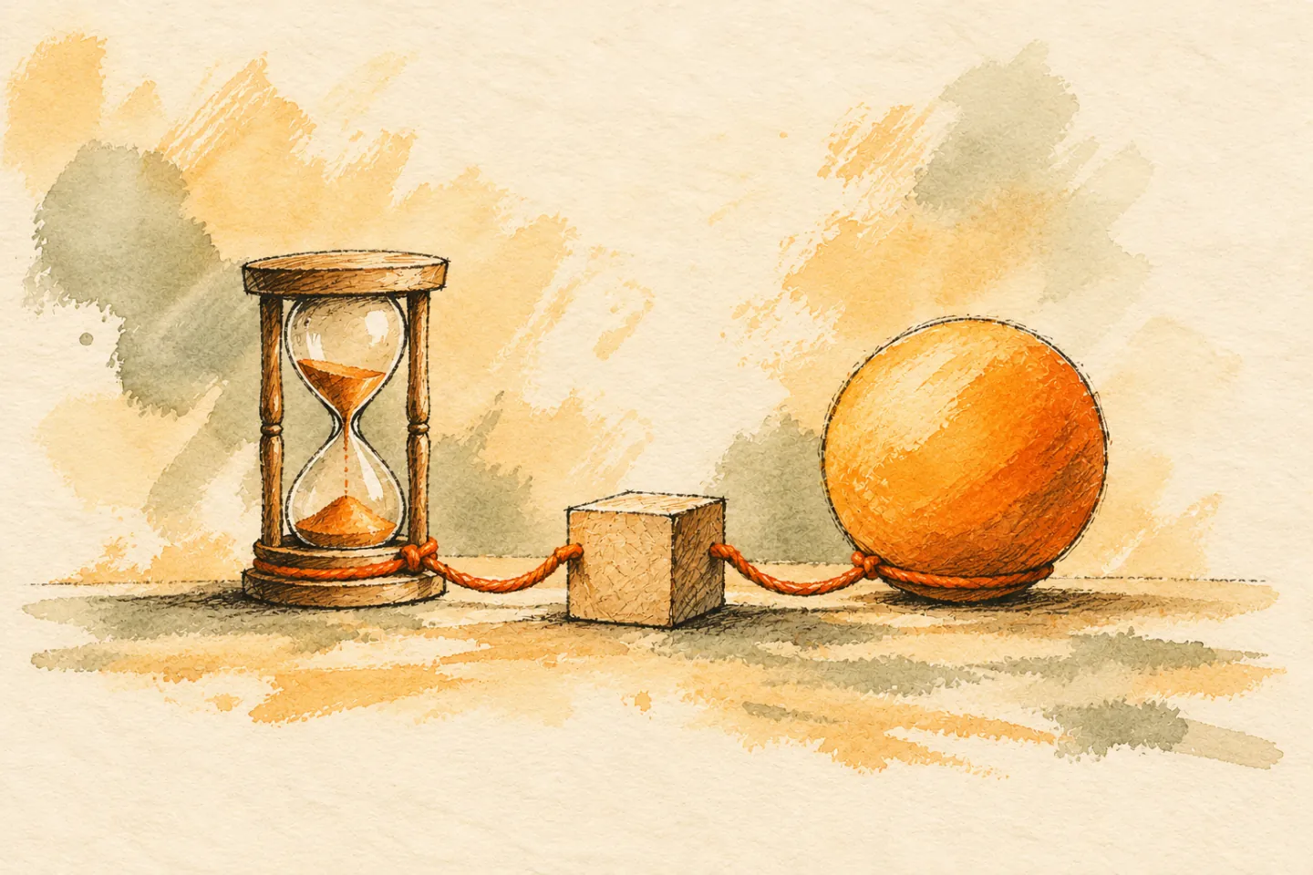 An hourglass and sun disc beside a crafted wooden cube.