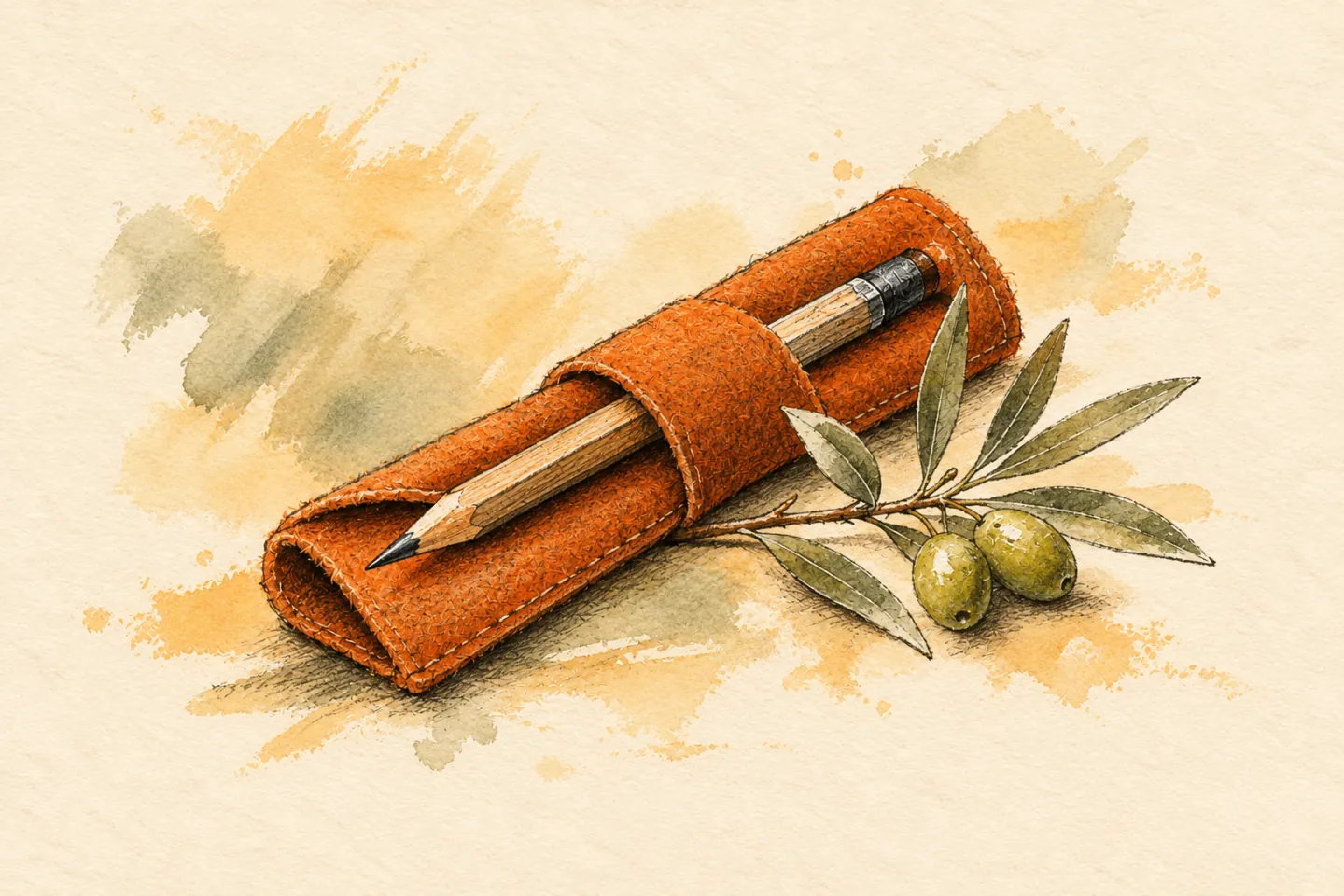 A sharp pencil cradled in soft orange felt beside an olive branch.