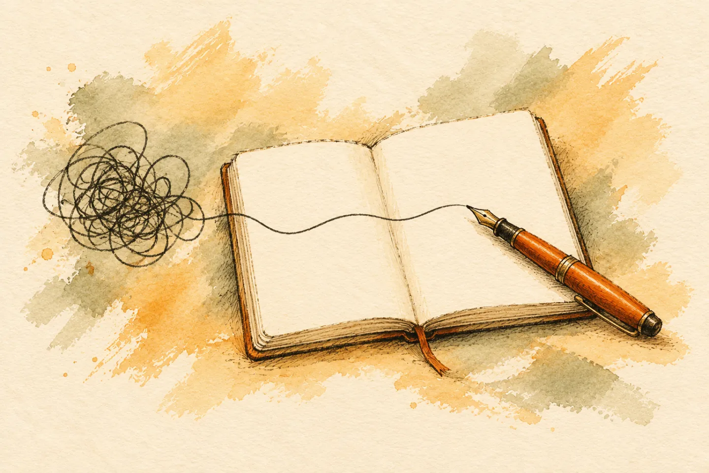 An orange pen and open notebook turn a tangled line into a clear flowing stroke.