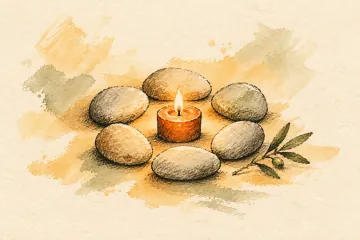 Six smooth stones circle a small orange candle.