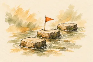 A tiny orange pennant celebrates one of three stepping stones.
