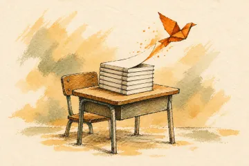 An orange paper bird rises above a stack of classroom exercise books.