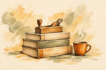 Used books, a practical wooden tool and an orange coffee cup.