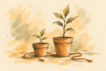 Two saplings grow at different heights beside an untied orange cord.