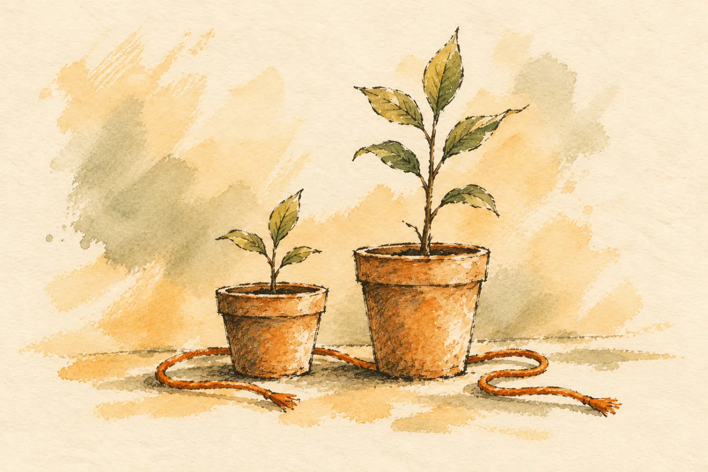 Two saplings grow at different heights beside an untied orange cord.