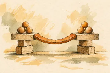 A smile-shaped orange bridge connects two groups of wooden spheres.