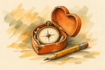 A compass inside an orange keepsake box beside a work pencil.