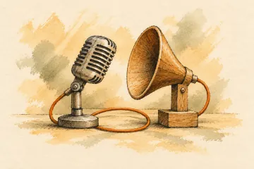 A microphone faces a listening horn, joined by an orange cable.