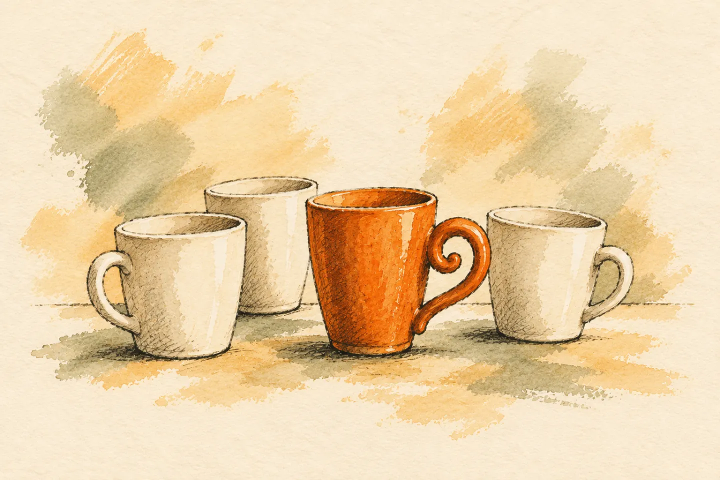 An unusual orange cup stands among three plain ivory cups.