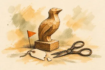 A carved wooden object beside a cut-down price tag and an orange flag.