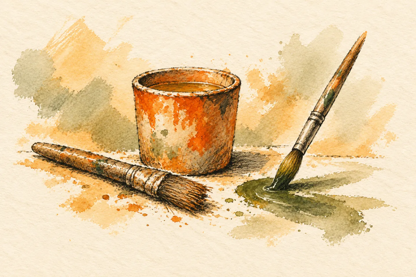 A dried brush beside fresh paint, a second brush and an orange water cup.