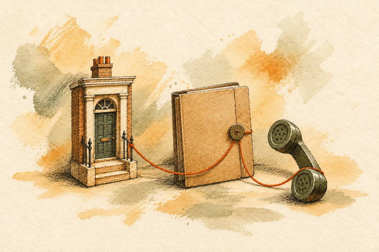 A portfolio and telephone connect to a miniature London doorway.