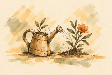 A watering can nourishes two neighbouring plants, one with an orange bloom.