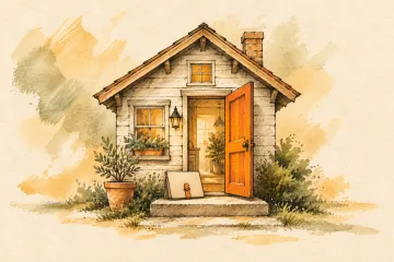 A wooden house with an open orange door and a portfolio on the step.